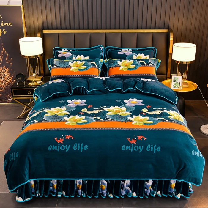 直播专享新款【重约8-9斤】加厚牛奶绒床裙款四件套防静电.不起球