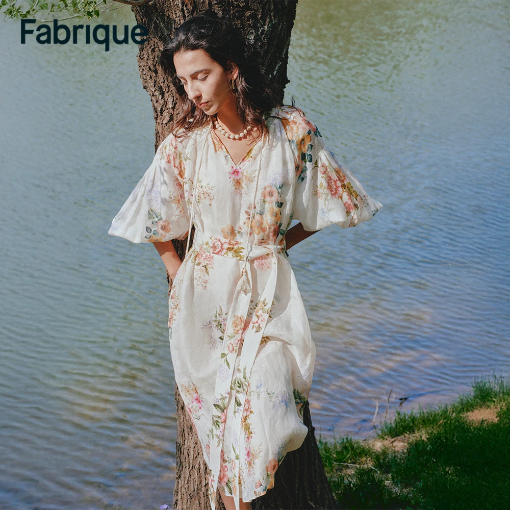 Fabrique 【梦境花园】桑蚕丝亚麻印花系带度假风连衣裙女