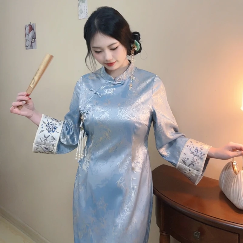 蓝翠【自制款】早秋旗袍~新中式蓝色刺绣大码胖mm显瘦旗袍国风女