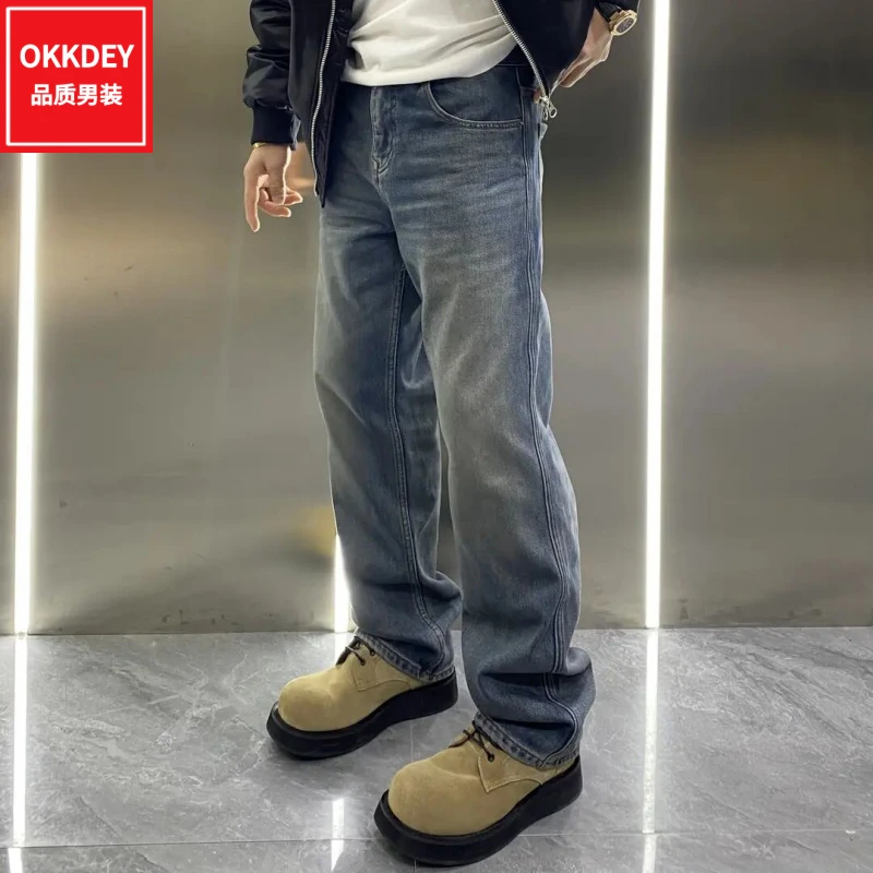 冬季高档男士薄绒潮牌牛仔裤轻奢痞帅男装休闲裤子潮流百搭直筒裤