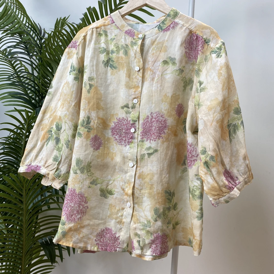 【七分袖黄色牡丹印花苎麻衬衫】3119