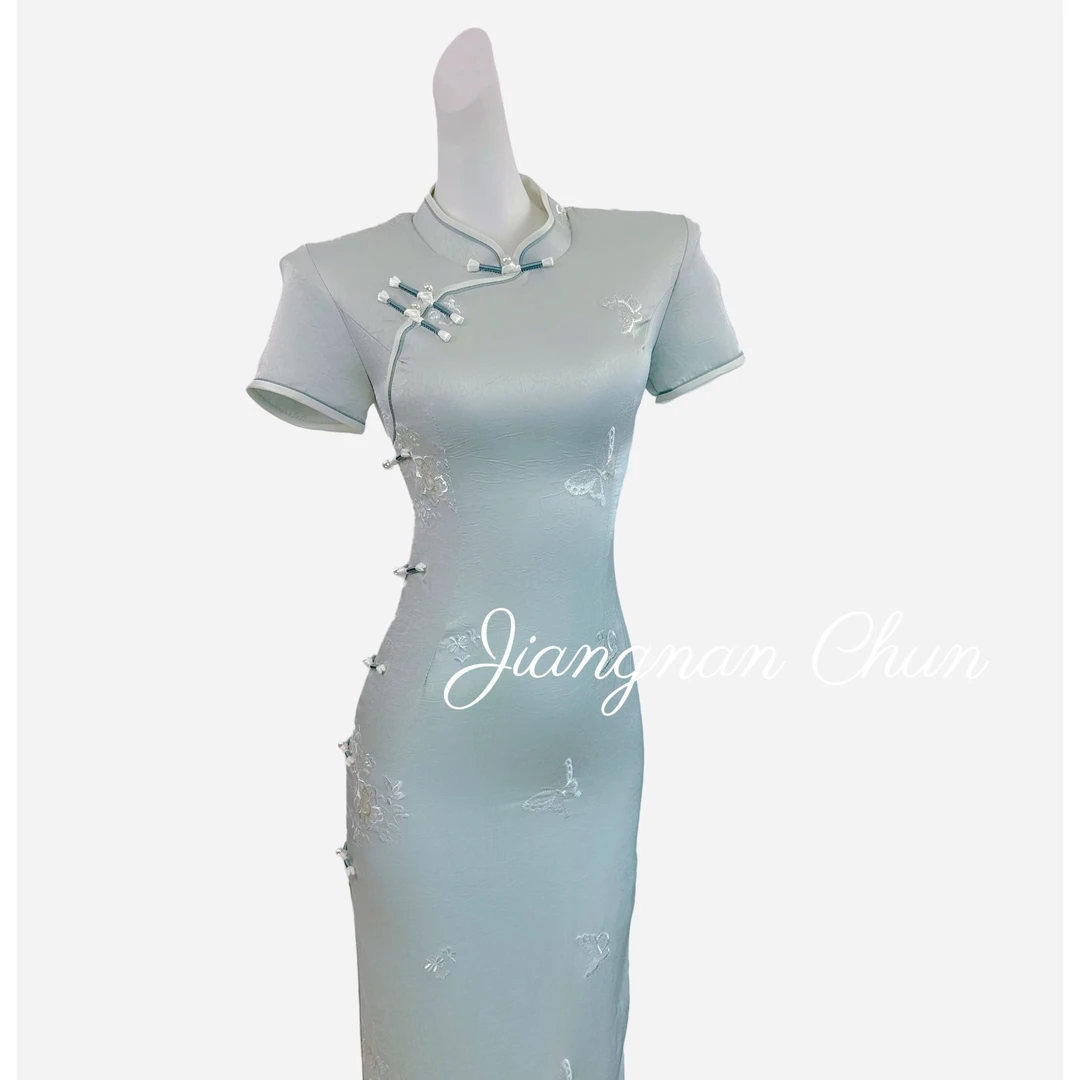 【玉蝶】衣长116新中式文艺复古夏季日常旗袍高端刺绣立领显瘦修身