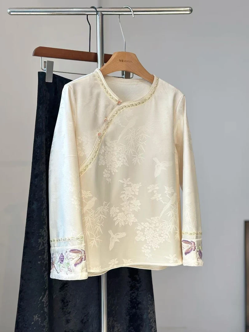 【枫晚意】 高级感白色上衣女秋冬加绒加厚打底衫新中式国风内搭