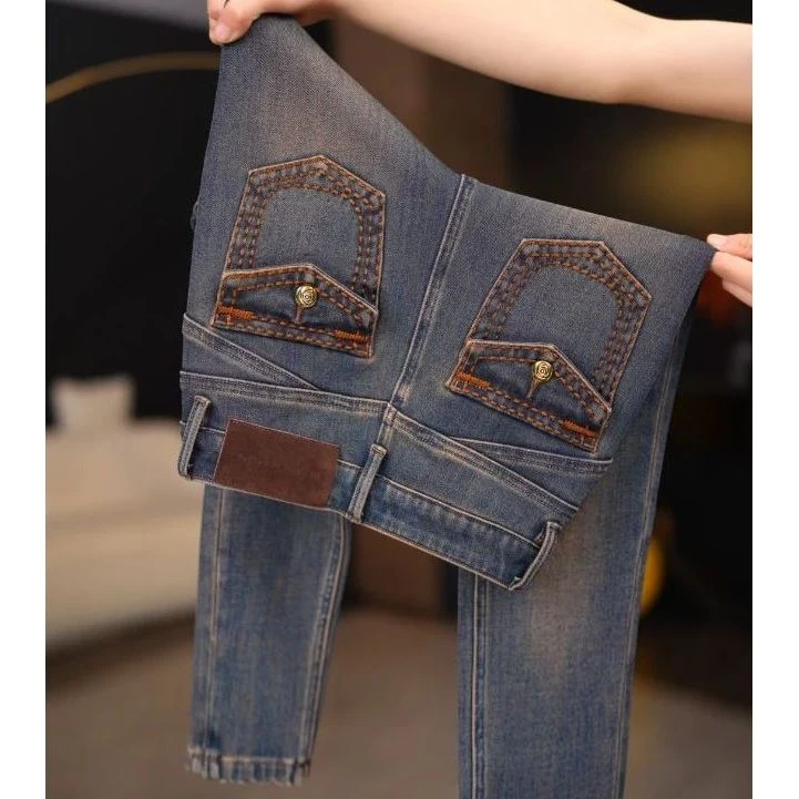 【复古蓝】秋冬显高腰加绒小脚牛仔裤女修身显瘦百搭港风弹力小脚裤