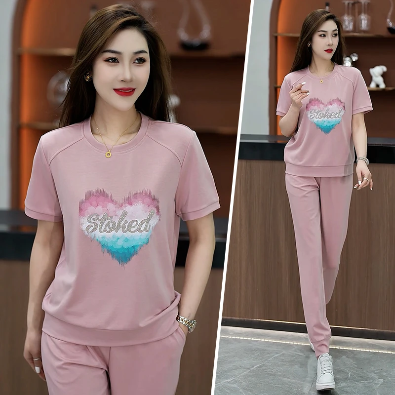 圆领夏款减龄女装T恤衫两件套舒适直筒裤显瘦洋气印花百搭套装潮