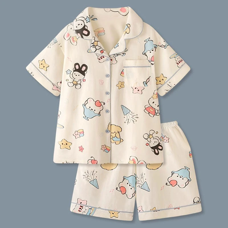 夏季韩系新款元气少女睡衣家居服可爱卡通奶熊冰淇淋开衫短袖套装