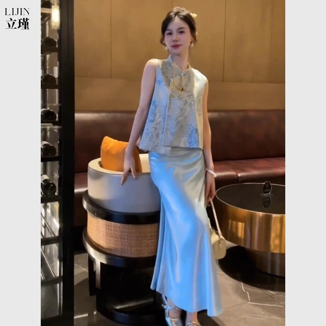 国风新中式御姐初夏新款气质穿搭清冷感蓝色马甲上衣半身裙两件套