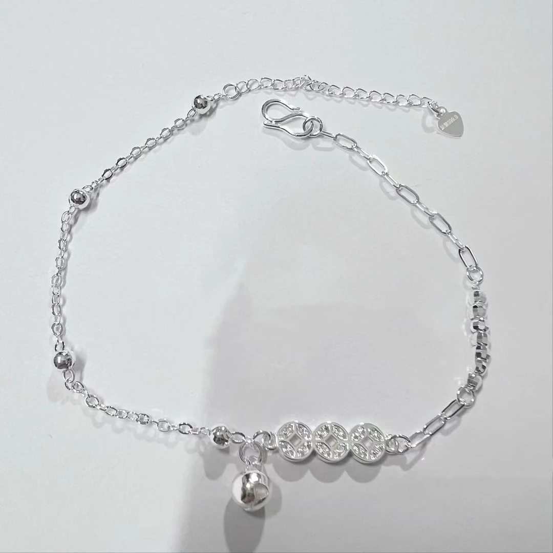 足银脚链 足银钱币铃铛三金石镶钻脚链女款气质性感简约轻奢高级