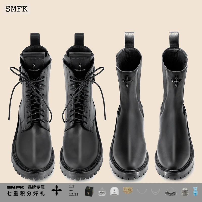 SMFK永恒高筒靴S0011B+ 黑色短靴马丁靴高帮靴系带2款