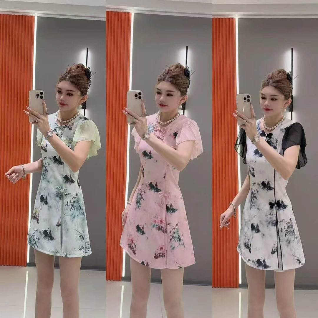 小 9888 国风水墨网纱袖旗袍连衣裙 加 短裤 两件套