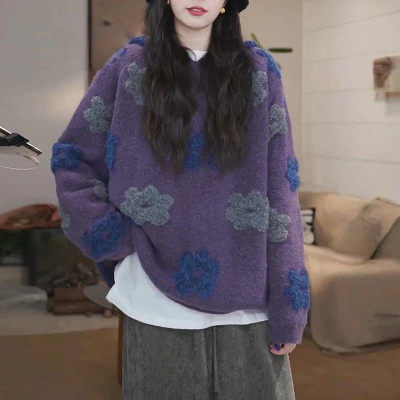 紫色花朵刺绣连帽卫衣女秋冬2025年新款宽松慵懒风软糯针织衫上衣