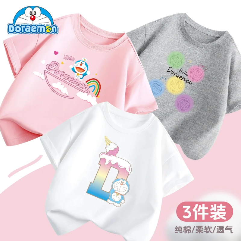 哆啦A梦女童短袖t桖洋气纯棉夏季儿童森女风夏装2025新款女孩衣服