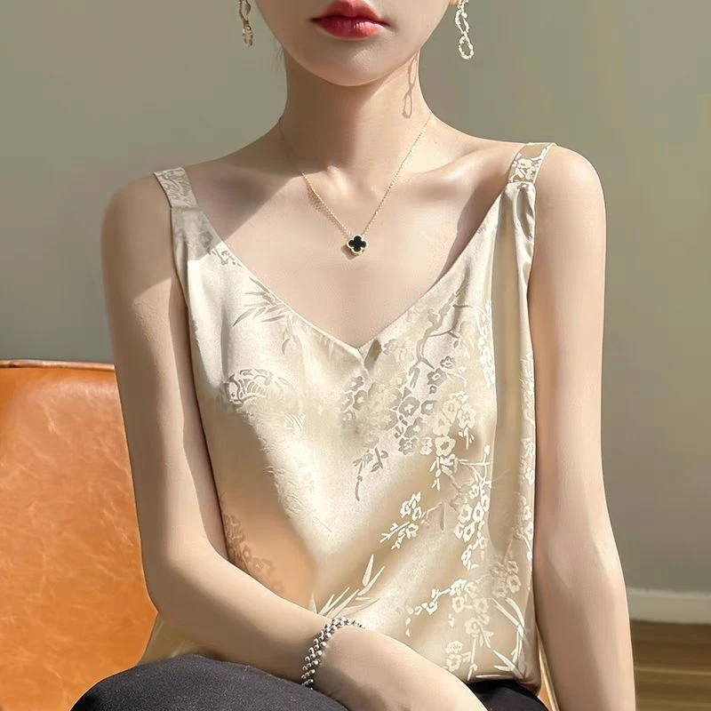 新中式国风提花吊带背心女醋酸缎面外穿小西服内搭上衣辣妹纯欲风