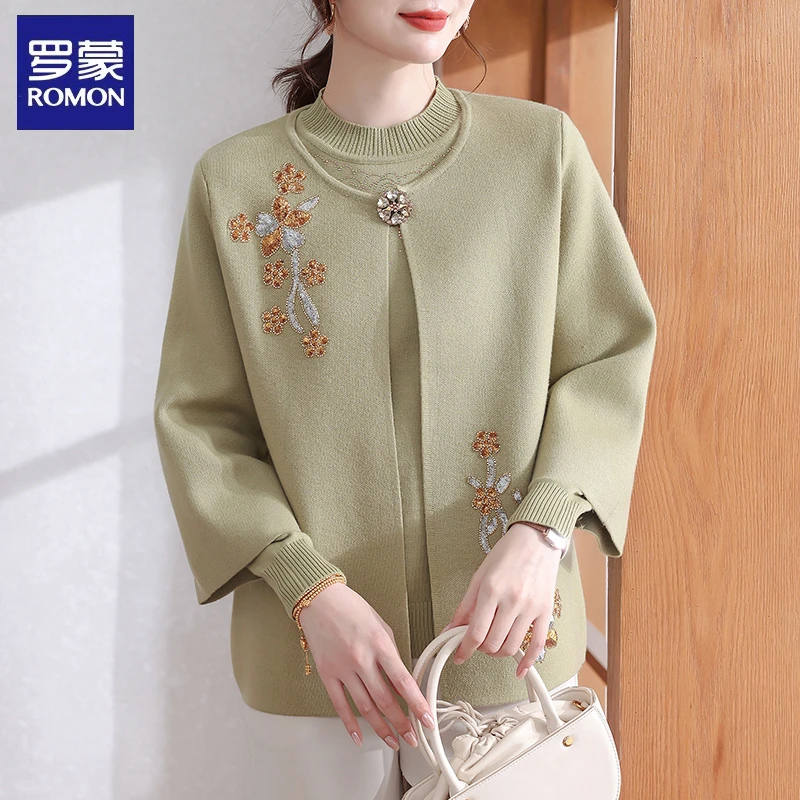 罗蒙妈妈秋装百搭针织外套短款衣服中老年女装2025新款毛衣两件套