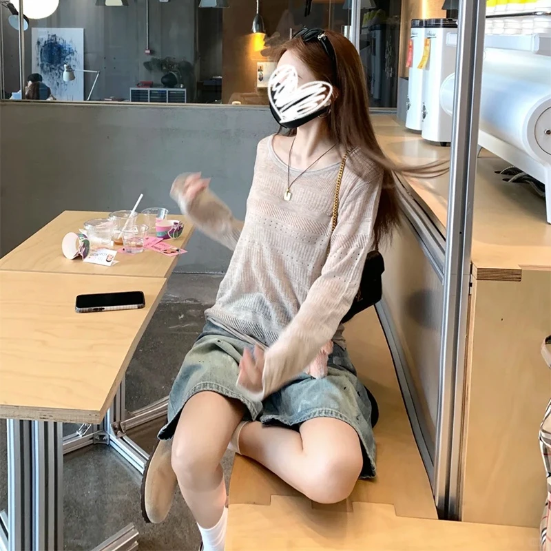 慵懒风薄款镂空长袖T恤女装夏季防晒罩衫宽松显瘦设计感百搭上衣