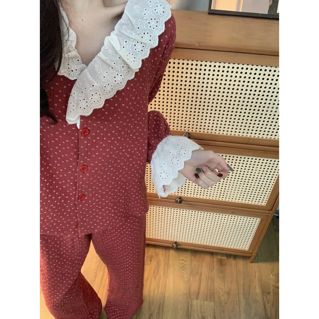 【红色小碎花】双层棉纱睡衣女春秋季2025新款纯棉亲肤家居服套装