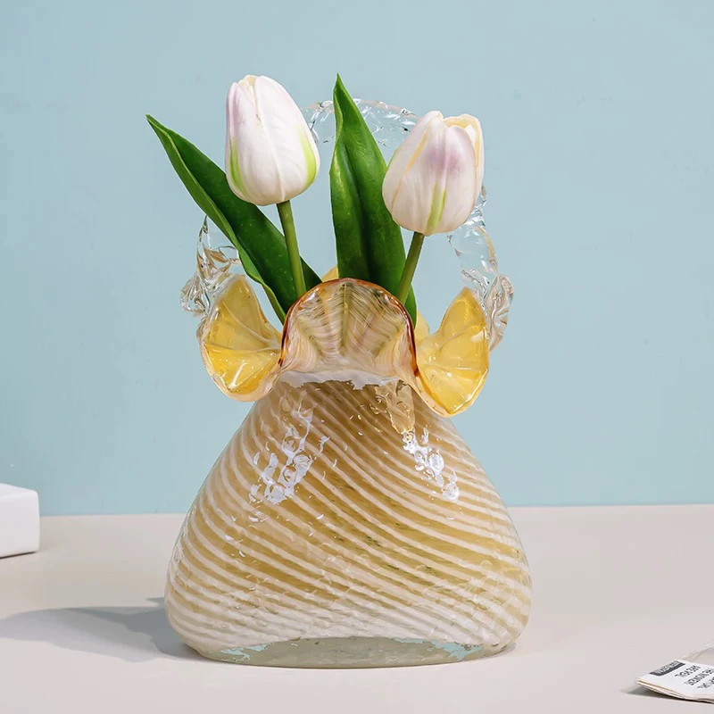 F121黄色现代简约风欧式琉璃手提花篮花瓶花器4379