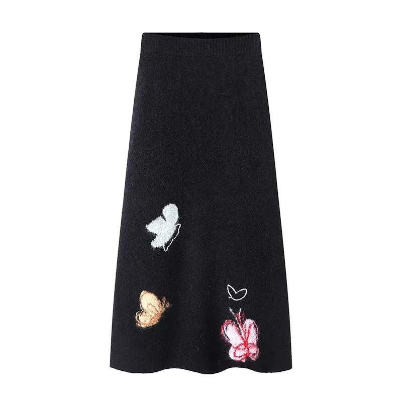 【三彩蝶】2024冬季新款氛围感蝴蝶提花中长款针织半身裙女.Y7591