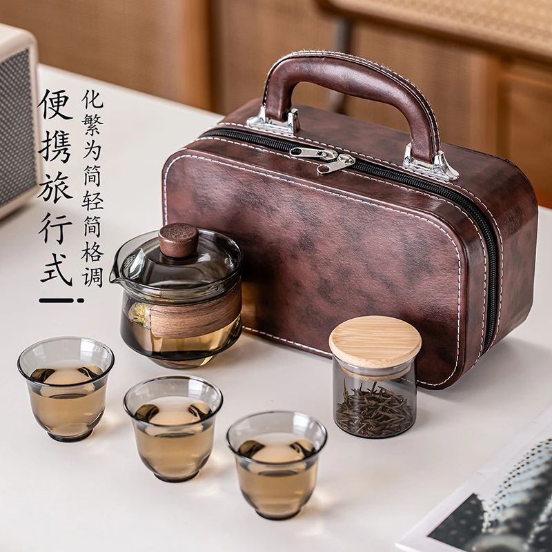 简约透明玻璃户外露营旅行休闲便携茶具套装便携式旅行包功夫茶具