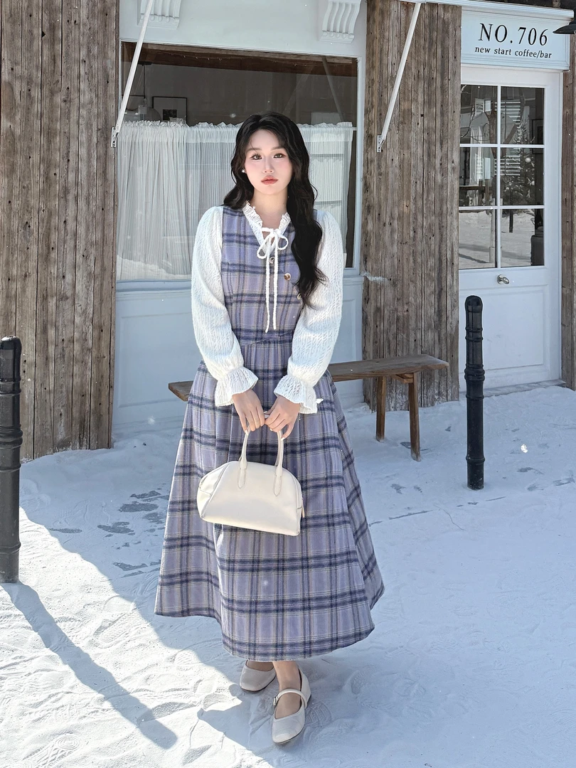月半鱼【紫蔻幽梦】紫色格纹毛呢背心裙新款秋冬季显瘦百搭连衣裙
