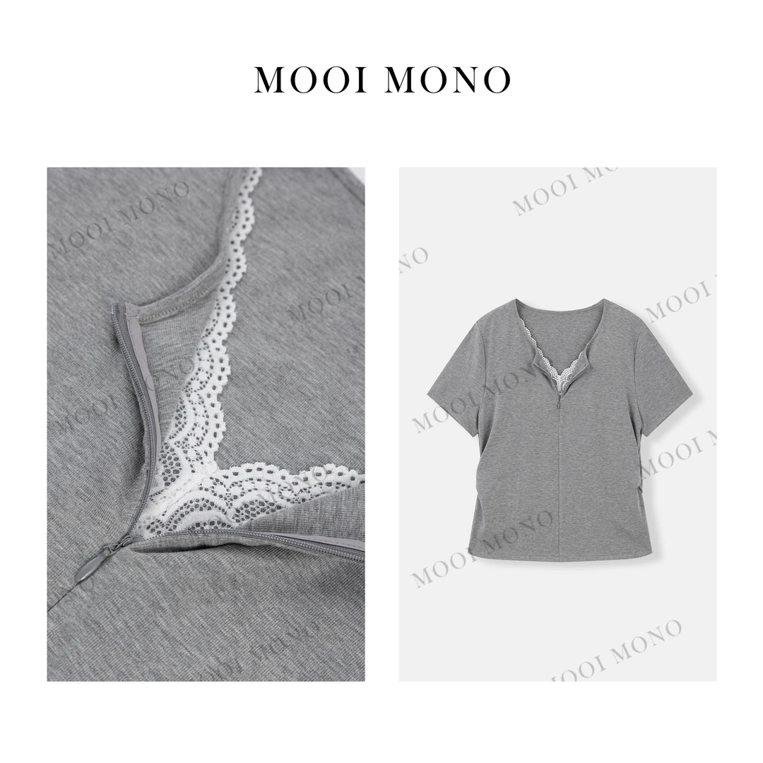 MOOI MONO"灰韵蕾雅"显瘦气质侧缝抽褶蕾丝花边V领套头T恤T724Z52