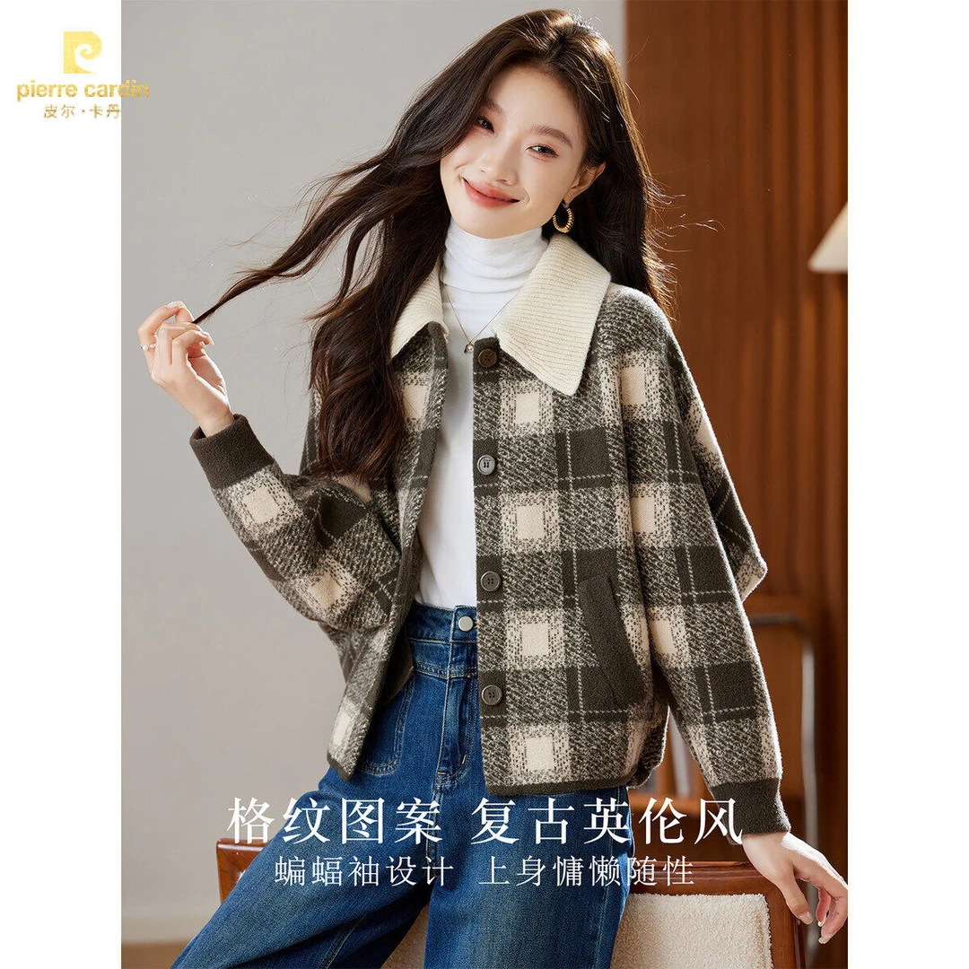 皮尔卡丹秋冬女款小香风格子短款毛呢外套复古翻领加厚小个子短上