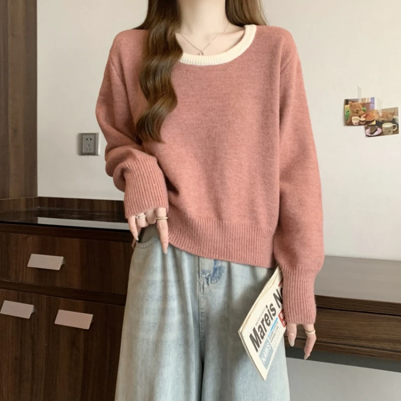 大码撞色圆领毛衣针织衫女秋冬胖mm显瘦遮肚子内搭短款上衣打底衫
