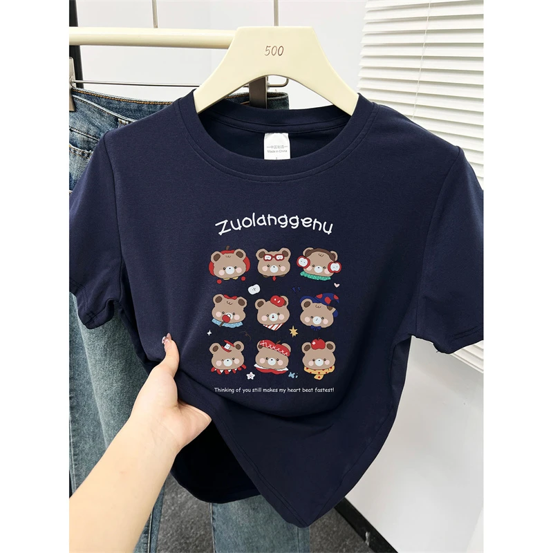 胖mm正肩短袖t恤女夏季2025爆款洋气小熊印花大码遮肉圆领上衣潮