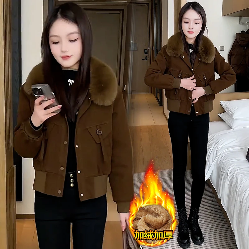 时尚减龄加绒加厚棉服女2025年冬季新款单排扣收腰保暖舒适短外套