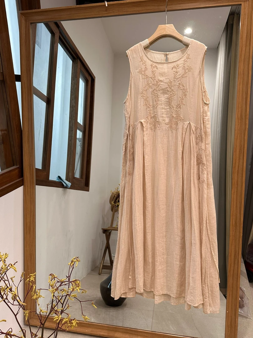 中式套头刺绣无袖长裙连衣裙设计师百搭自然密语背心裙