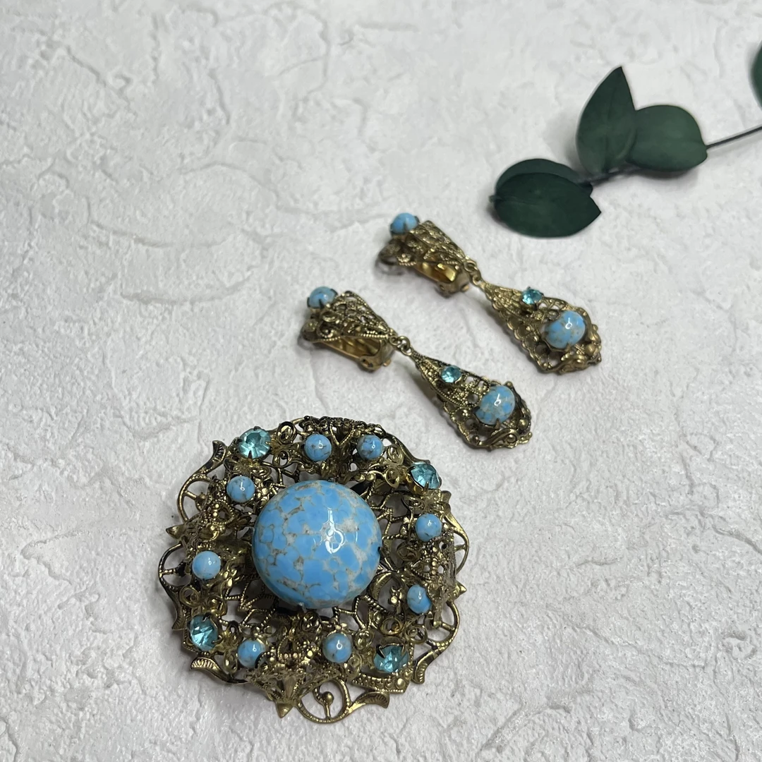 铜合金琉璃胸针 【六六中古】孤品复古胸针耳夹套装th4953