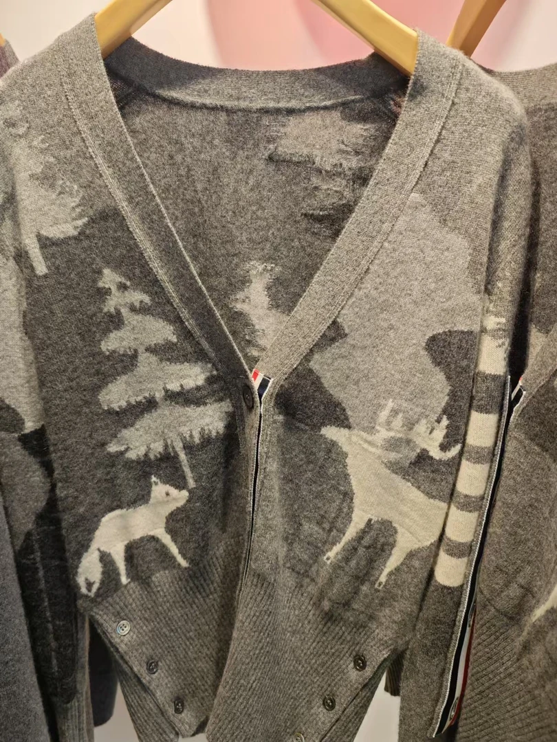 动物刺绣提花针织衫山羊绒长袖TB开衫v领毛衣外套女