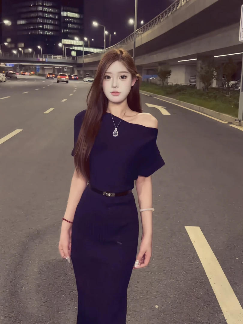 【不规则斜肩】收腰连衣裙斜肩新款腰包修身高级褶皱长裙带腰带