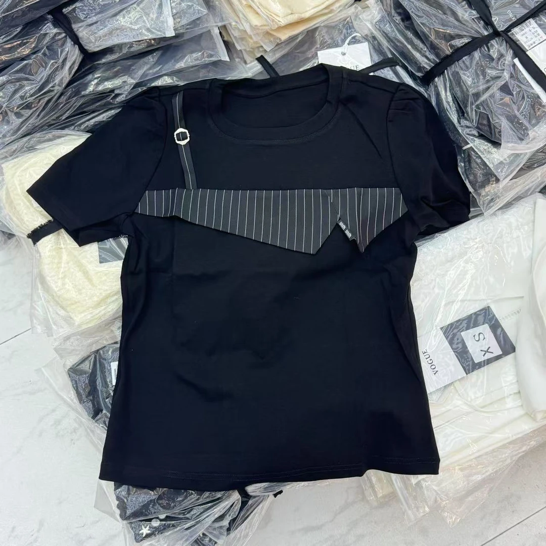 常规通勤拼接宽松型短袖圆领T恤运动春夏欧若假日风2586