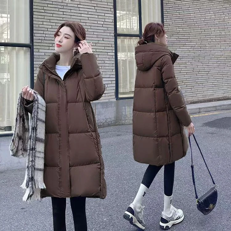 2025秋冬新款时尚拼接连帽棉服女中长款宽松百搭加厚保暖面包服