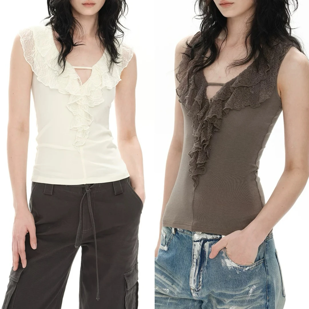 独特别致双层花边上衣辣妹修身背心#9152
