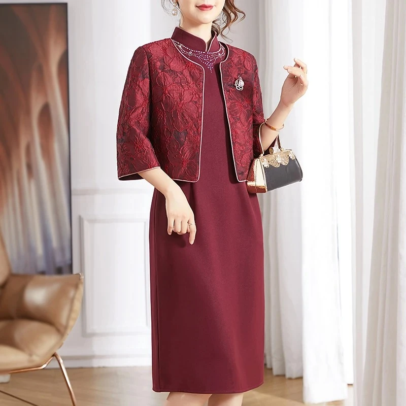 王小鸭妈妈洋气两件套连衣裙女2025秋季新款喜婆婆披肩婚礼旗袍裙