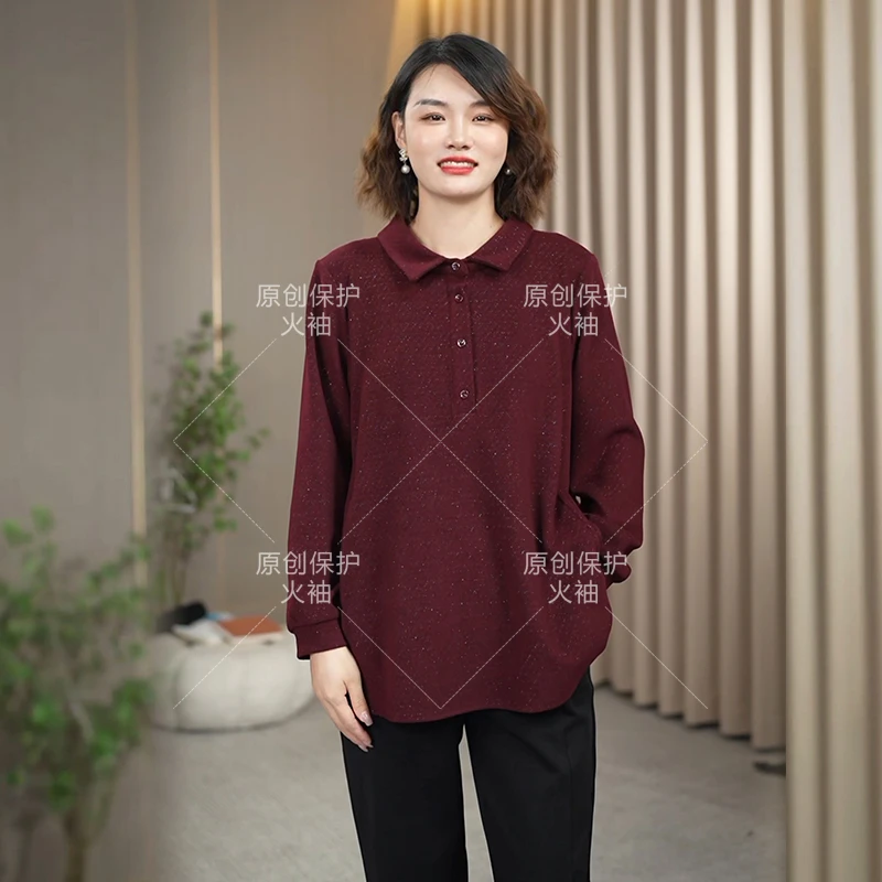 火袖F037简约娃娃领上衣女2024新款长袖宽松遮肚气质百搭妈妈T恤