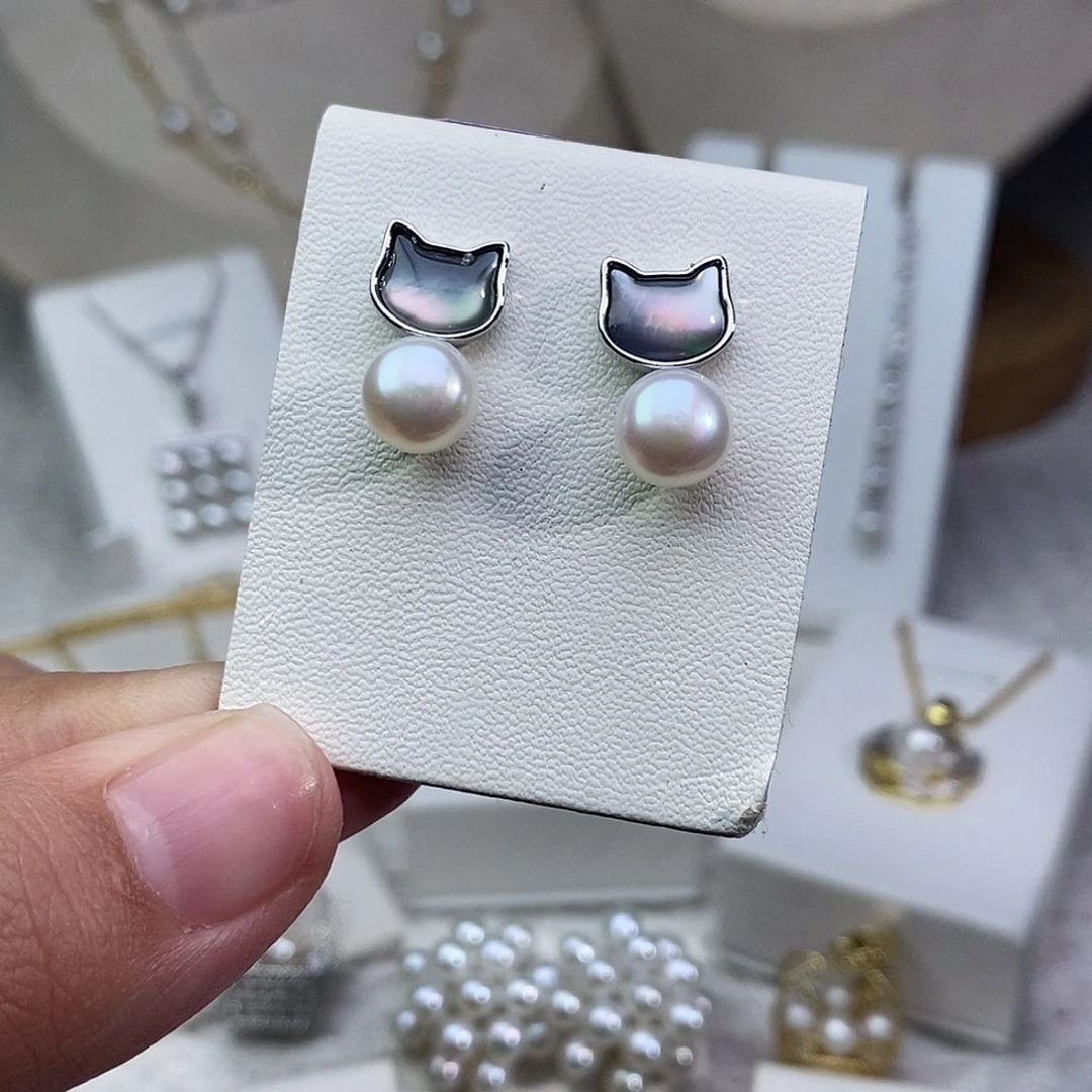 淡水珍珠银S925镶嵌耳饰