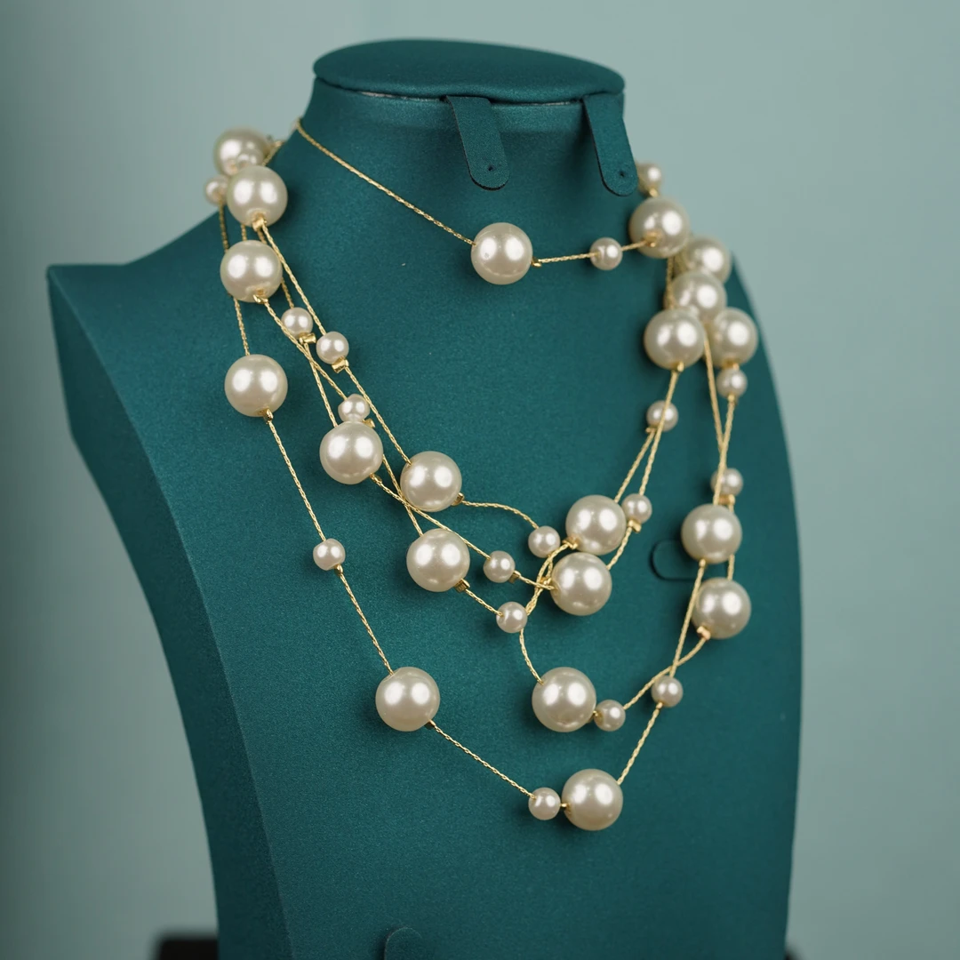 合金吊坠 珍珠项链可三叠多层长款百搭时尚白色气质