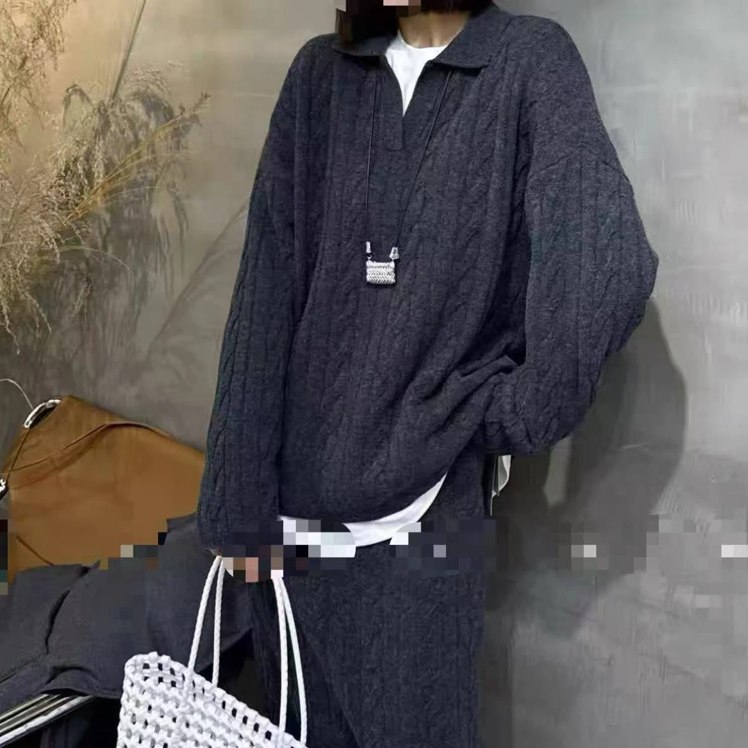 珊珊家秋冬韩系慵懒风POLO翻领麻花针织衫毛衣短裤时尚套装两件套
