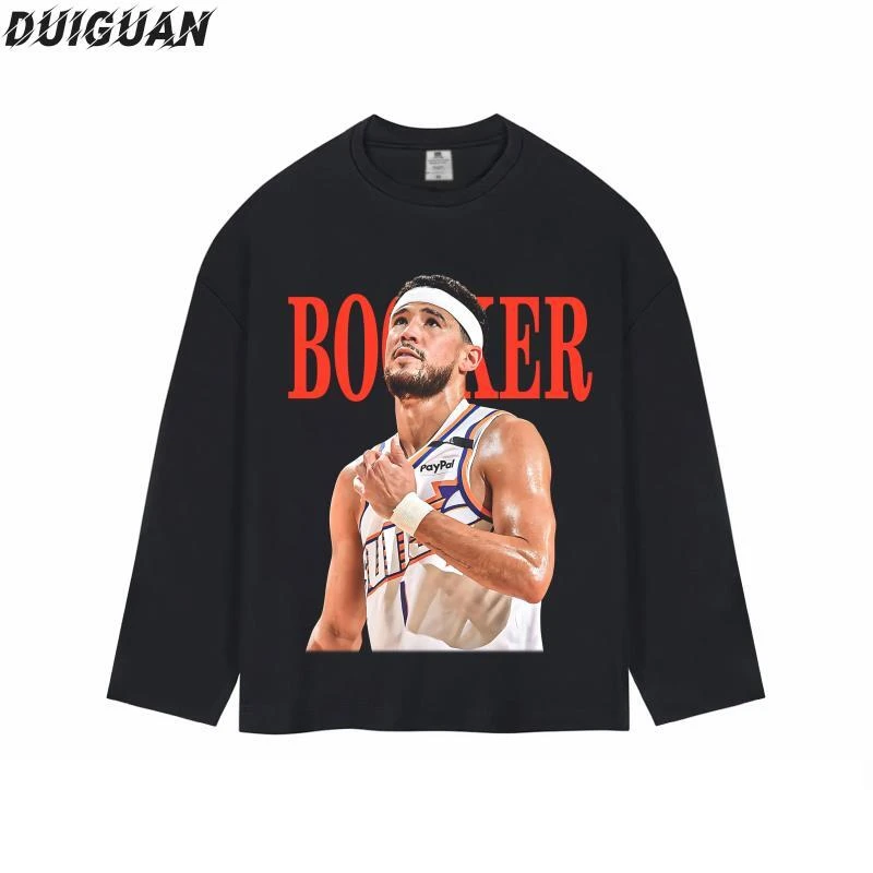 《布克》系列美式潮牌球星重磅纯棉260g直喷复古印花篮球长袖T恤