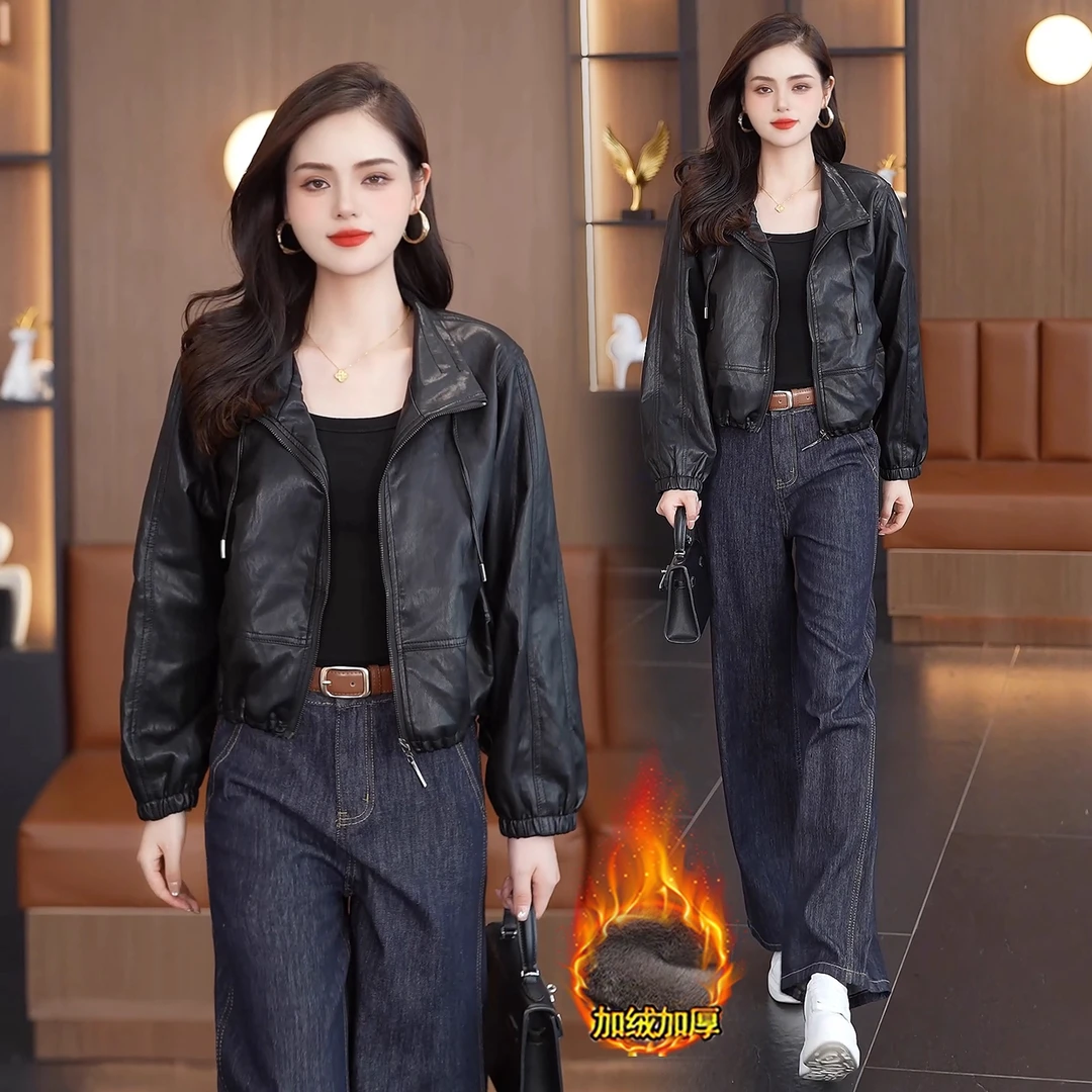 时尚加绒加厚短款皮衣外套女2025秋冬新款洋气复古PU皮夹克上衣潮