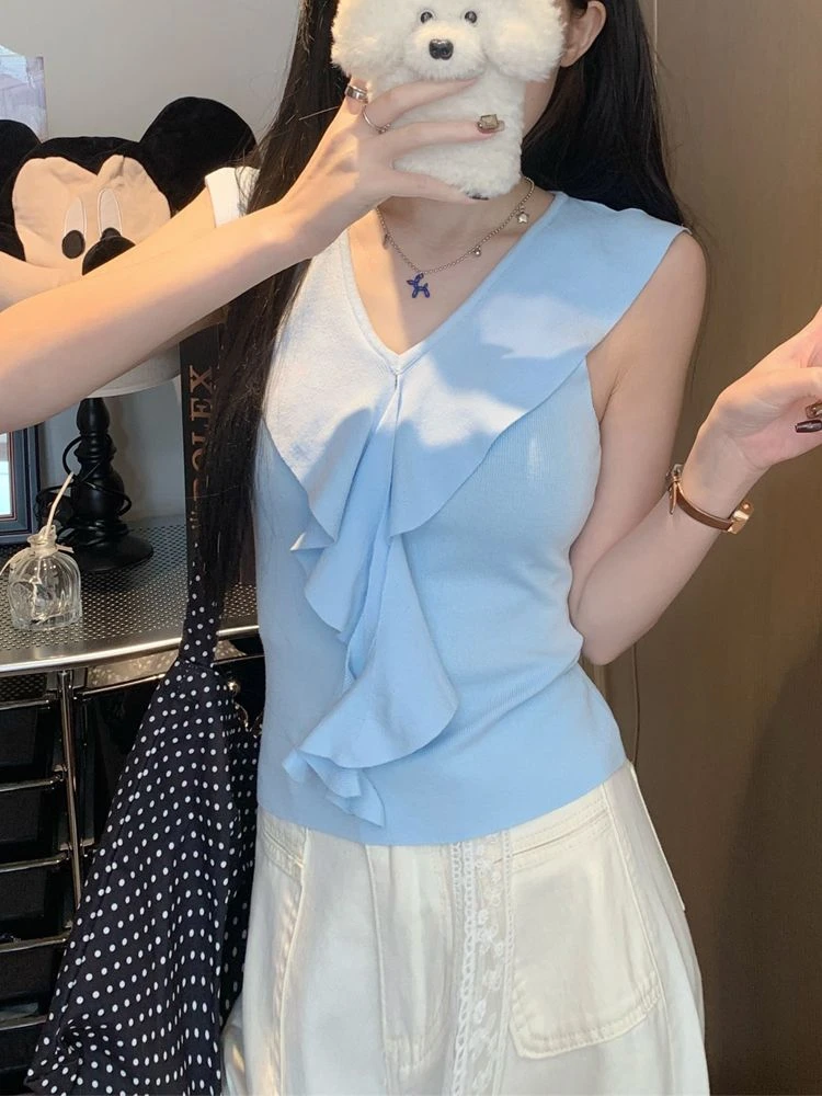 专柜撤回剪标V领荷叶边无袖针织背心女夏季新款高级洋气短款上衣