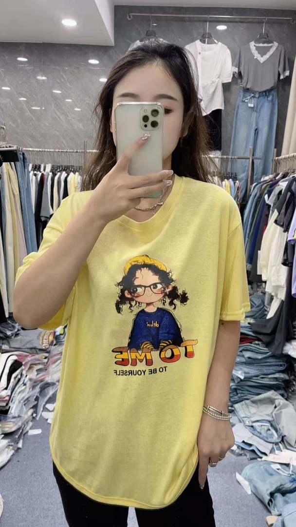 新款春夏白色短袖纯棉时尚休闲夏季印花圆领大版均码宽松半袖黄色