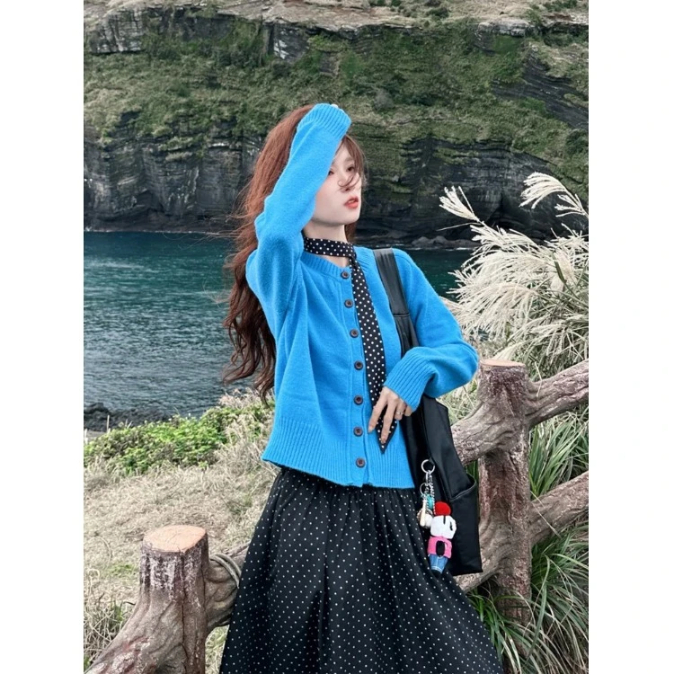 多巴胺克莱因蓝色长袖针织开衫女春秋新款宽松显瘦软糯糯毛衣外套