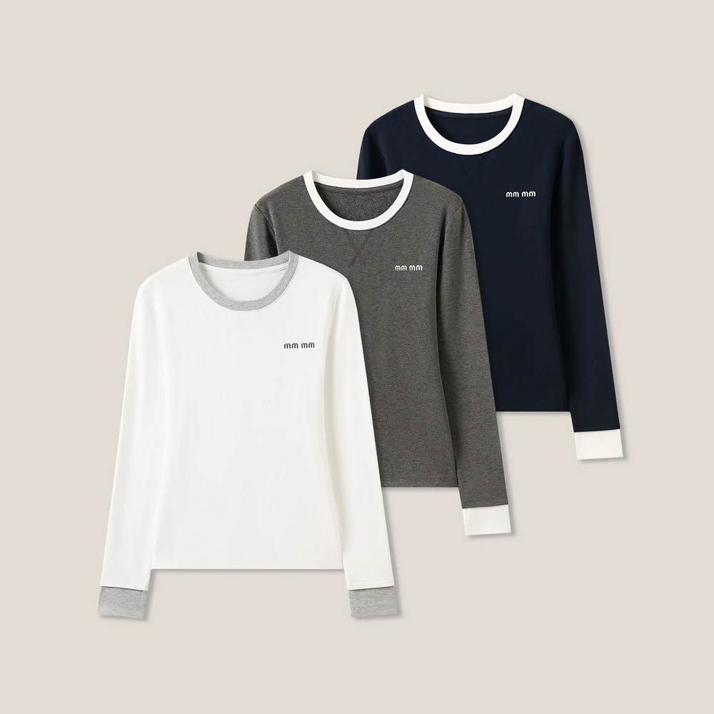 撞色字母刺绣长袖假两件T恤打底衫ss26456