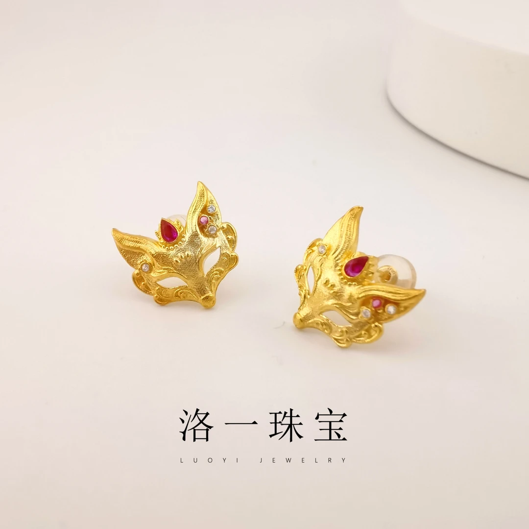 【洛一珠宝】18K金凤九面具狐狸面具耳钉真金设计师时尚气质