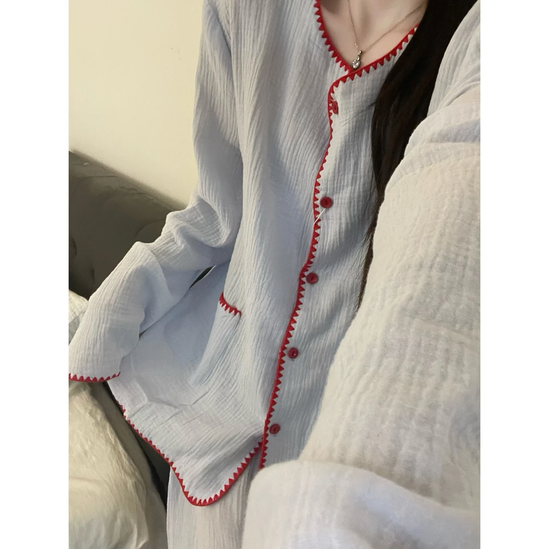 可爱简约撞色棉纱花边睡衣女春秋季新款长袖长裤家居服可外穿套装