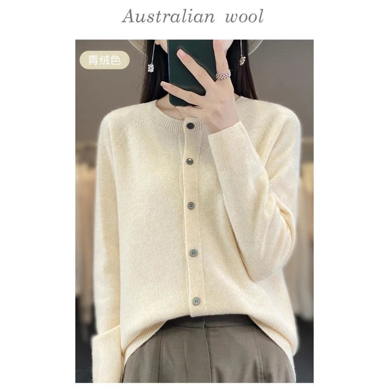 【100%超细羊毛】100纯羊毛一线成衣桂花针开衫圆领NJR828